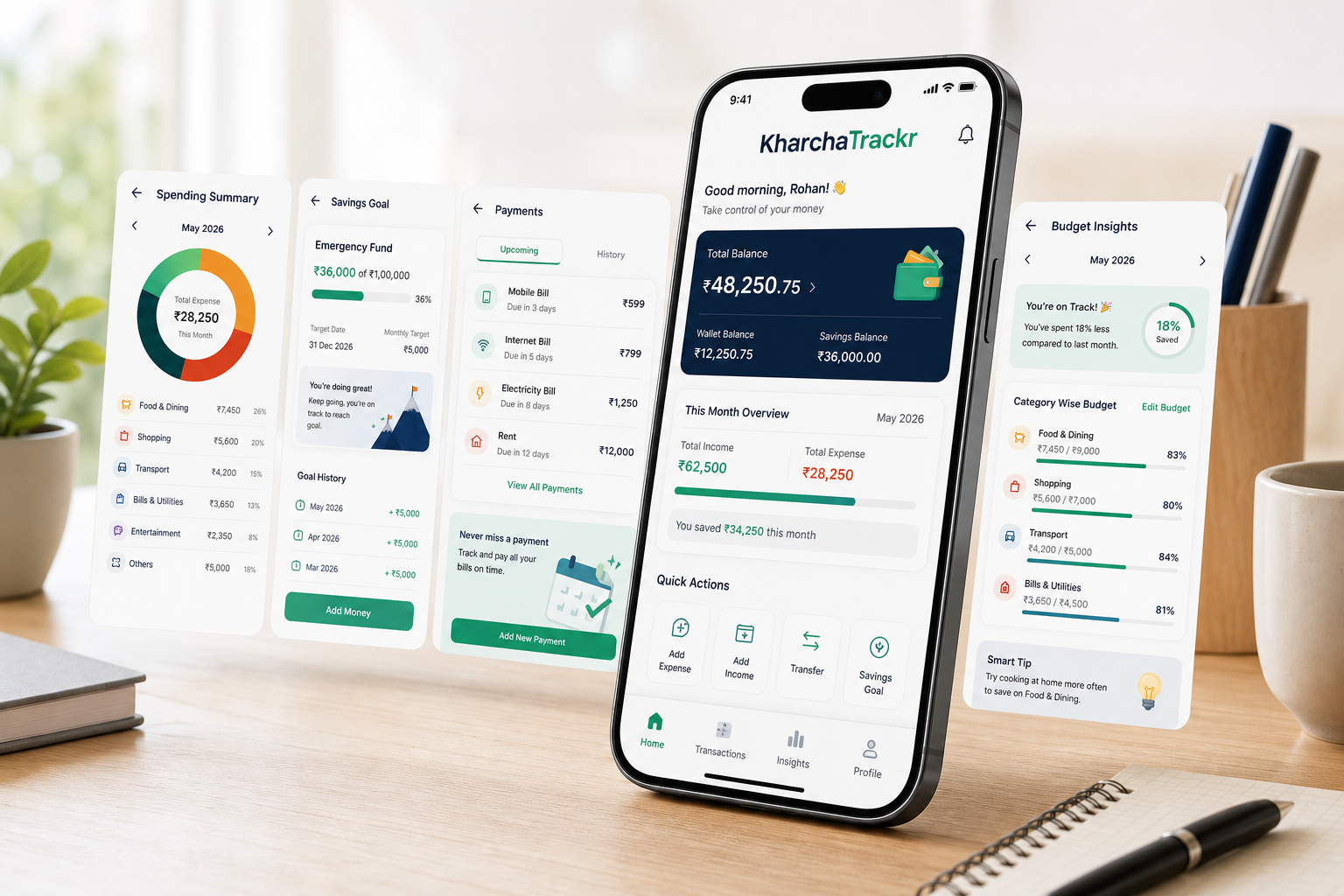 KharchaTrackr mobile app shown on a smartphone with spending, savings, and budget screens